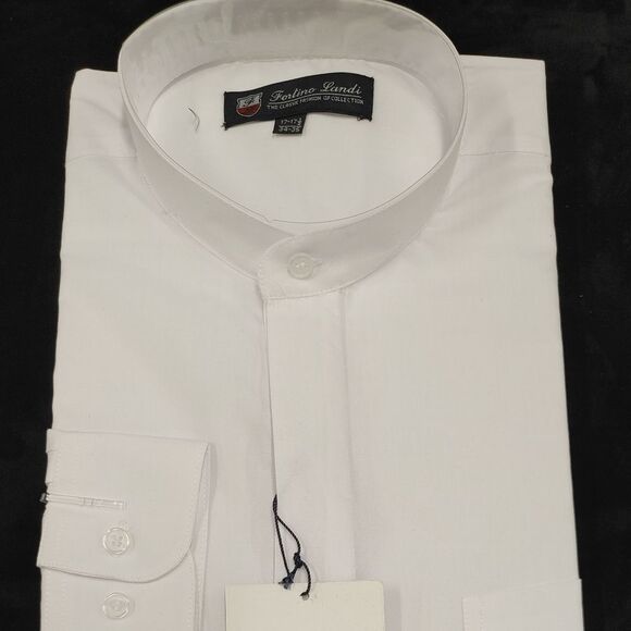 MEN'S FORTINO LANDI WHITE BANDED COLLAR DRESS SHIRT. REGULAR FIT. - Picture 1 of 4